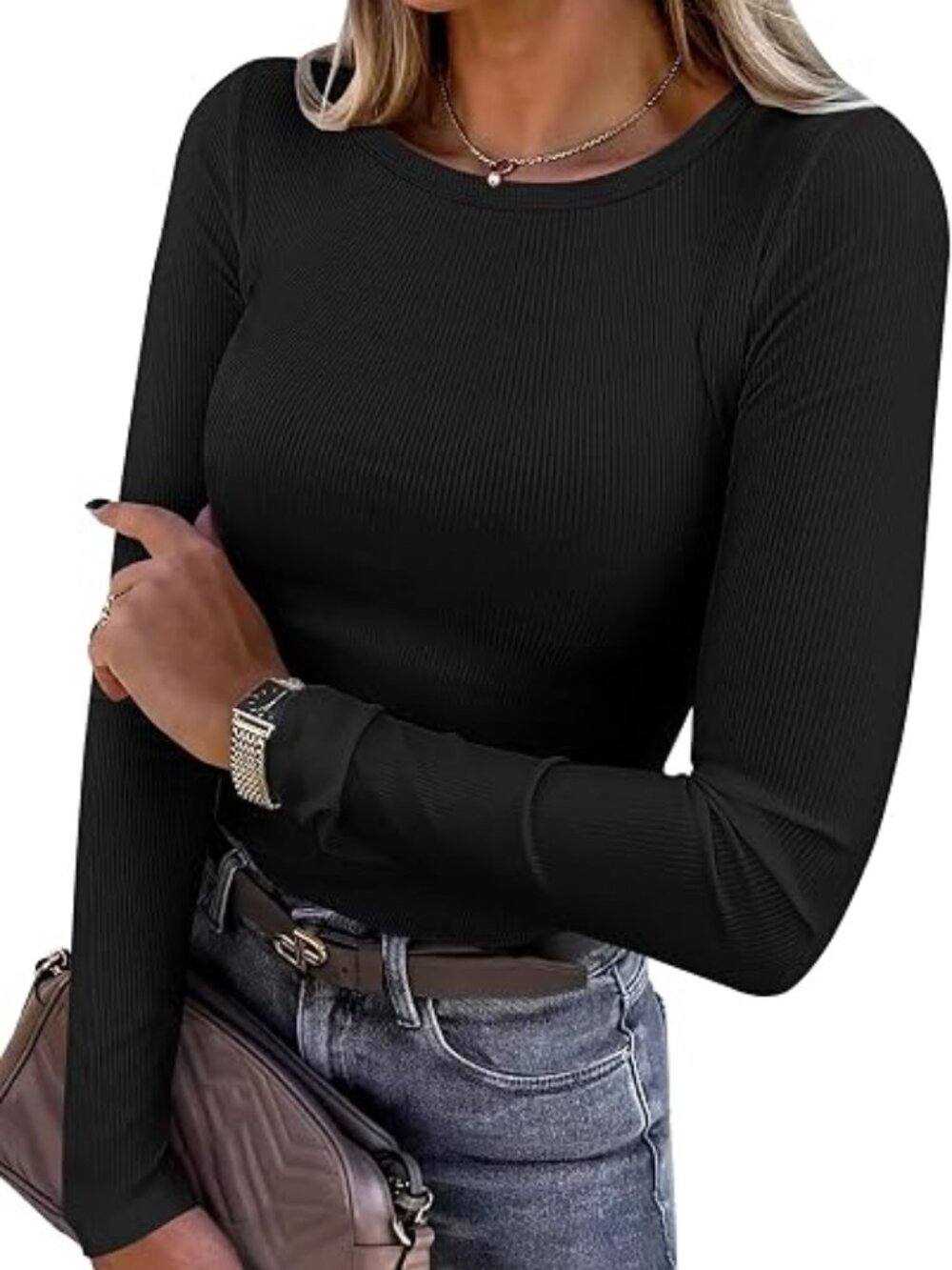 Women Long Sleeve Shirts Rib Knit Slim Fit Tops Basic Tee Spring Outfits Casual